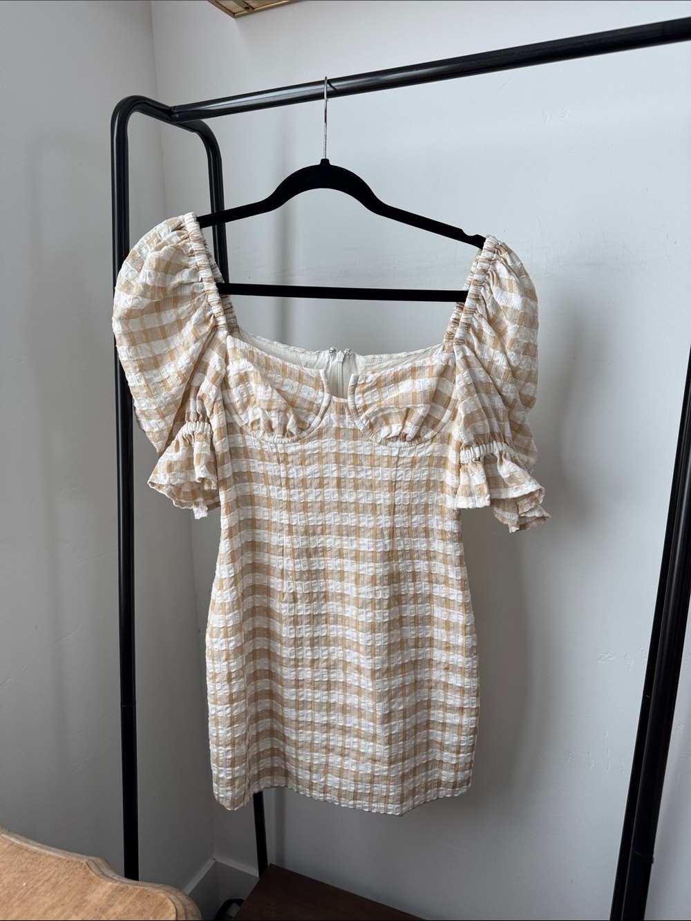 Camila Coelho Beige and White Gingham Puff Sleeve mini dress